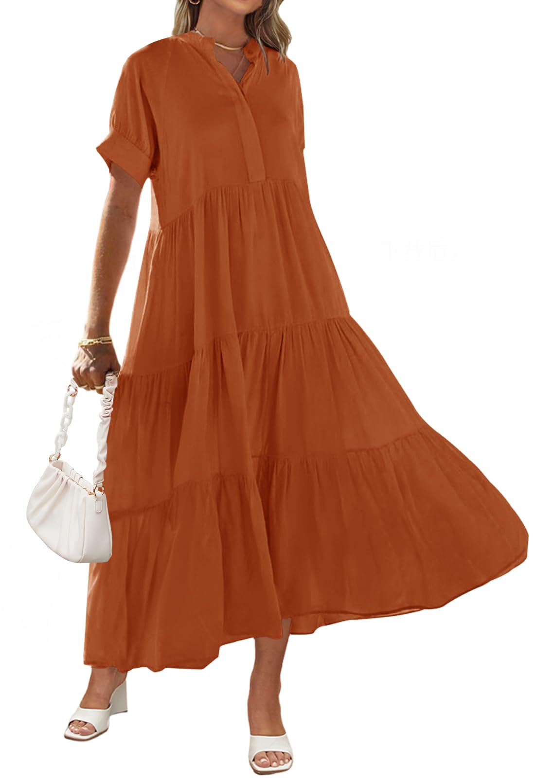 Button Front Tiered Short Sleeve Maxi Dress With Pockets