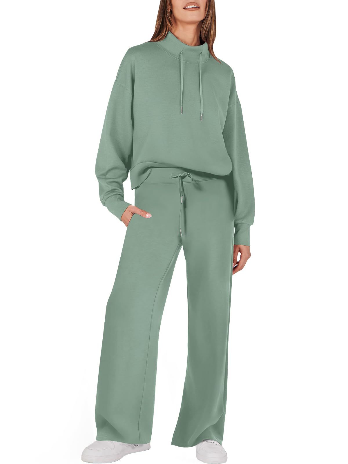 Womens 2 Piece Outfits Sweatsuit Set 2023 Fall Drawstring Sweatshirt Wide Leg Sweatpant Lounge Set Tracksuit