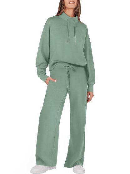 Womens 2 Piece Outfits Sweatsuit Set 2023 Fall Drawstring Sweatshirt Wide Leg Sweatpant Lounge Set Tracksuit