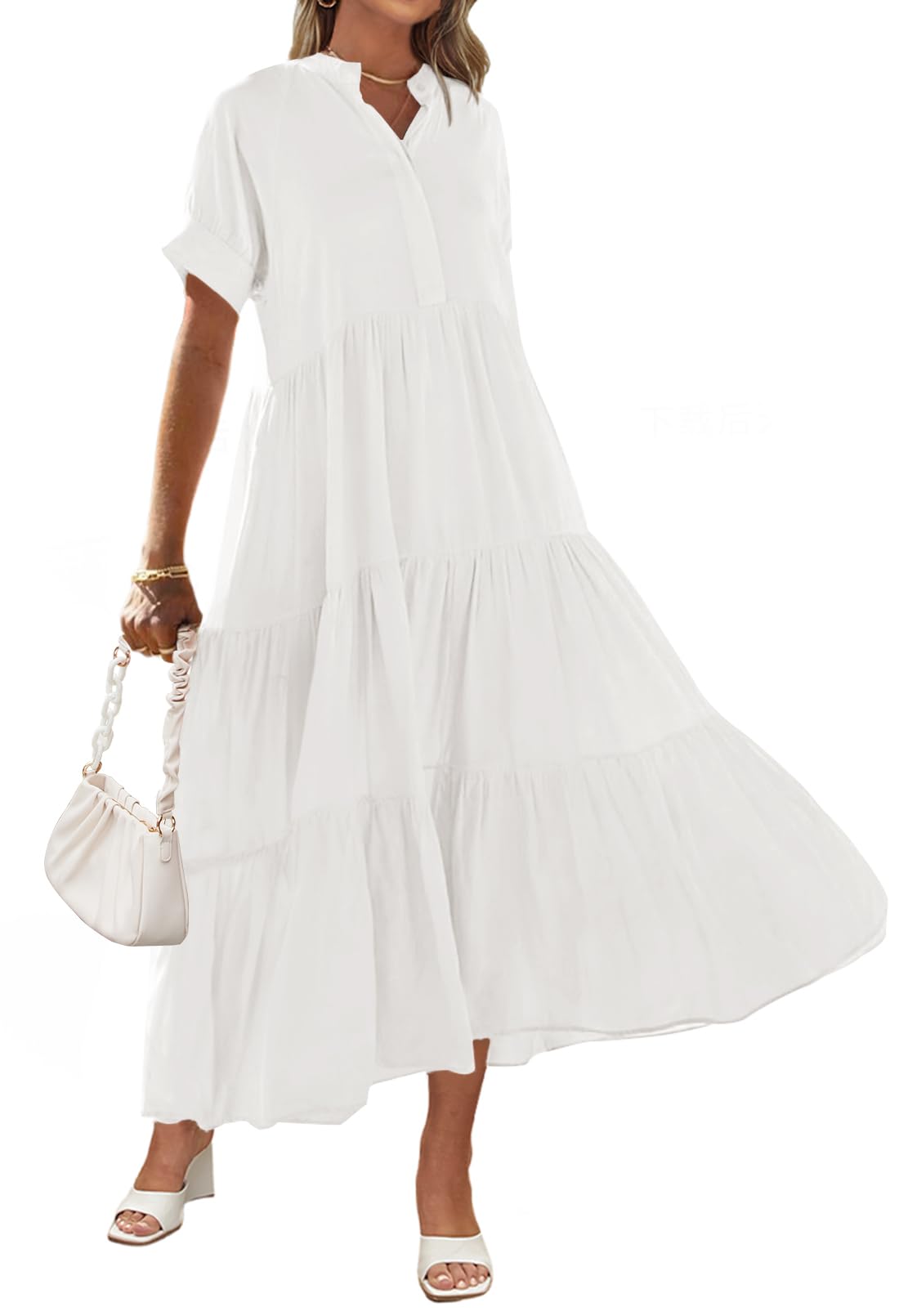 Button Front Tiered Short Sleeve Maxi Dress With Pockets