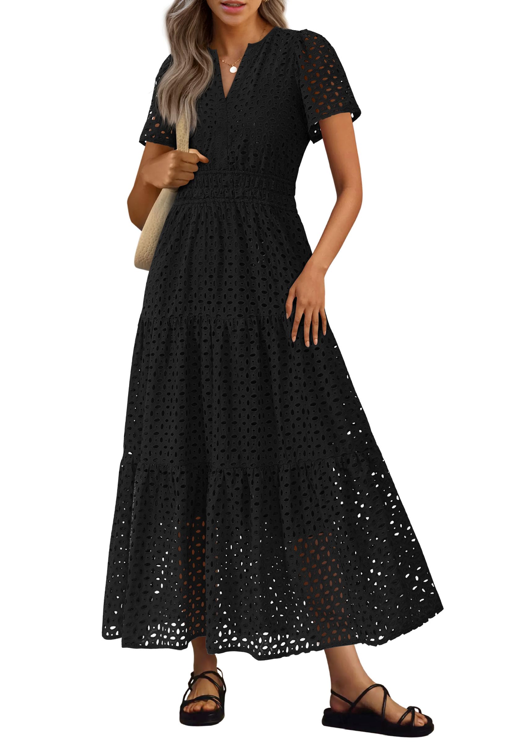 Summer Maxi Dress Short Sleeve V Neck Hollow Out Eyelet A Line Long Flowy Beach Vacation Dresses