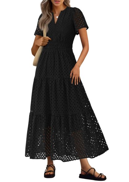 Summer Maxi Dress Short Sleeve V Neck Hollow Out Eyelet A Line Long Flowy Beach Vacation Dresses