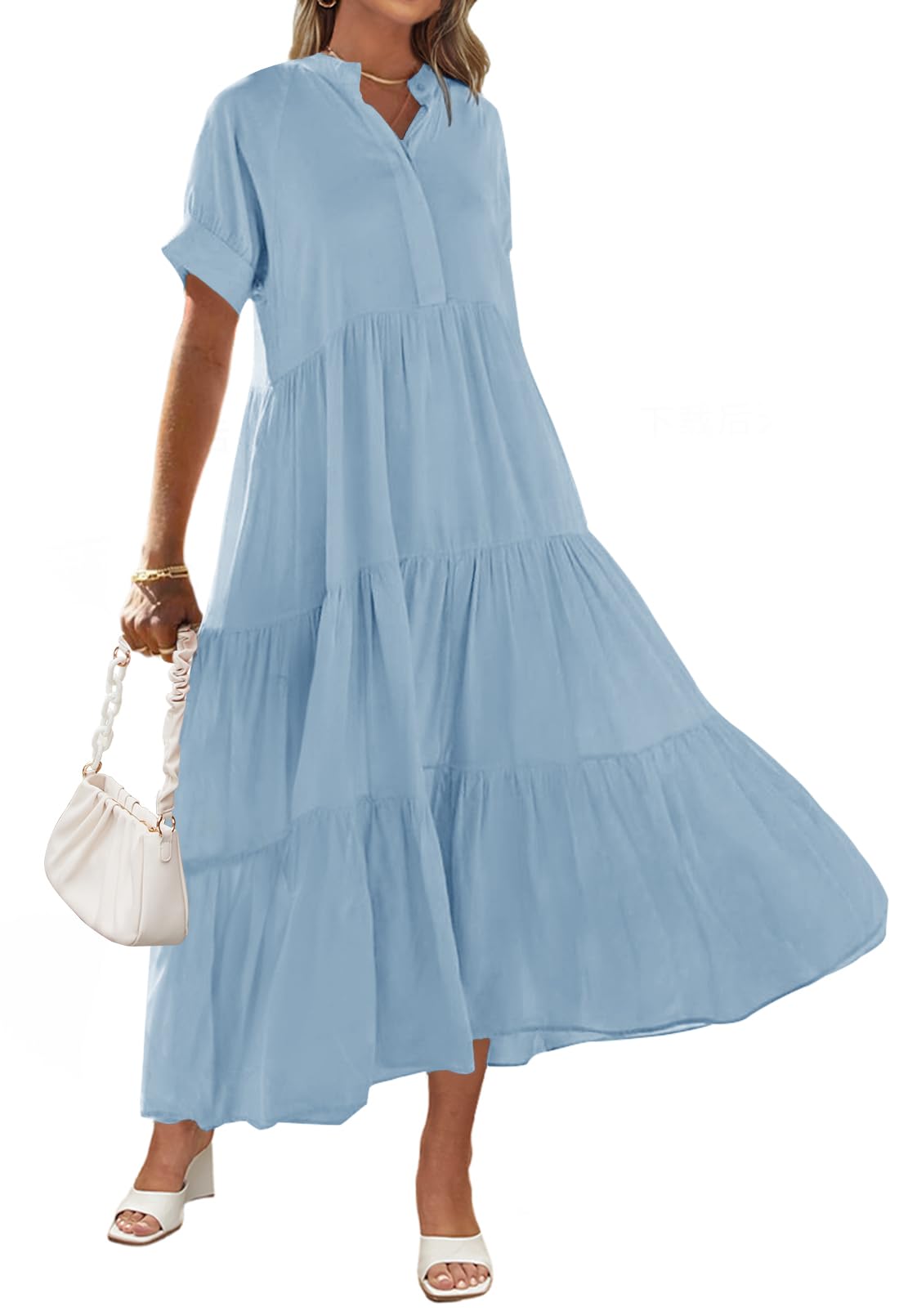 Button Front Tiered Short Sleeve Maxi Dress With Pockets