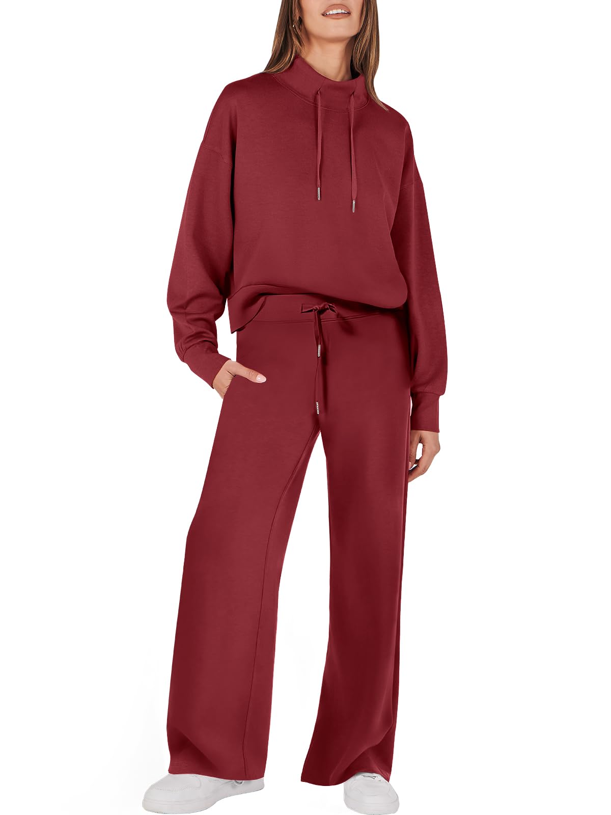 Womens 2 Piece Outfits Sweatsuit Set 2023 Fall Drawstring Sweatshirt Wide Leg Sweatpant Lounge Set Tracksuit