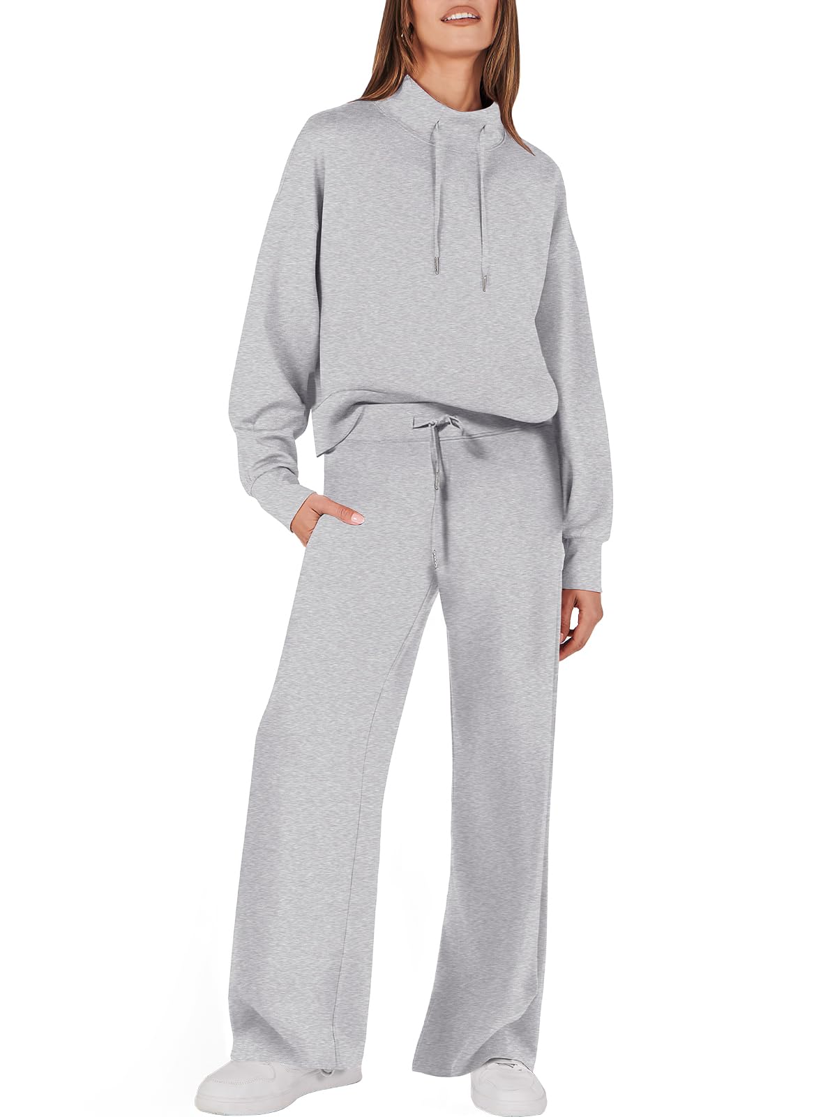 Womens 2 Piece Outfits Sweatsuit Set 2023 Fall Drawstring Sweatshirt Wide Leg Sweatpant Lounge Set Tracksuit