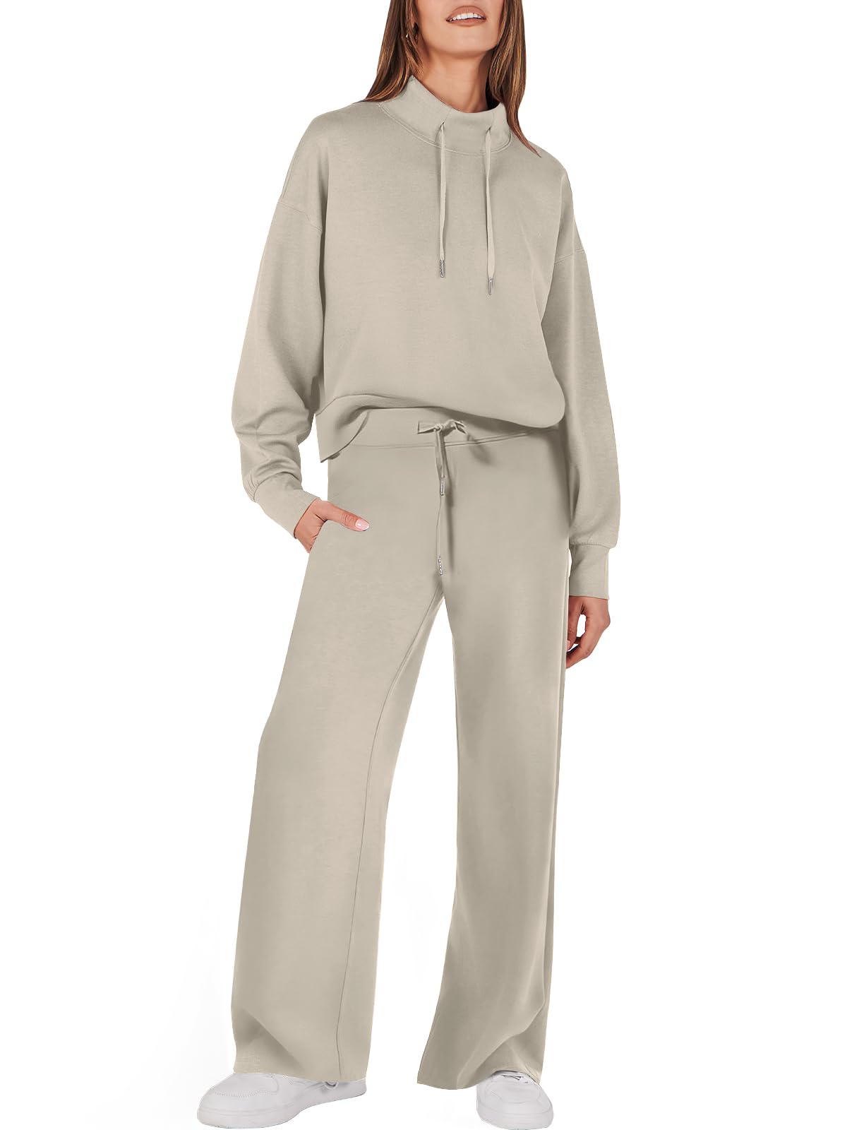 Womens 2 Piece Outfits Sweatsuit Set 2023 Fall Drawstring Sweatshirt Wide Leg Sweatpant Lounge Set Tracksuit
