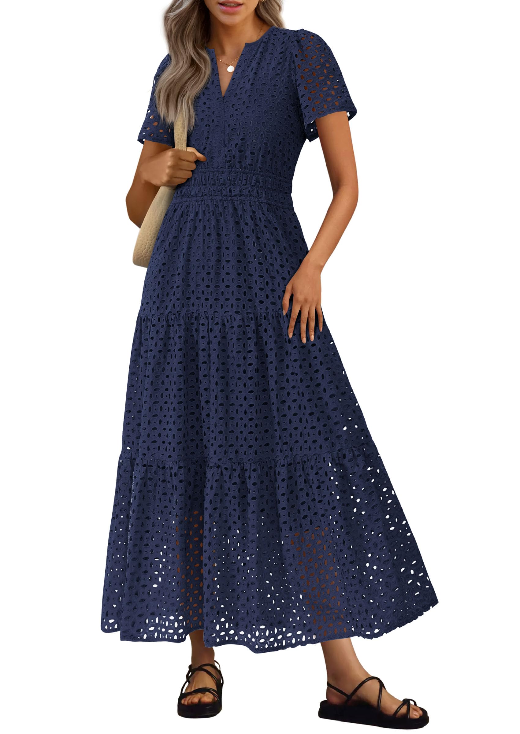 Summer Maxi Dress Short Sleeve V Neck Hollow Out Eyelet A Line Long Flowy Beach Vacation Dresses