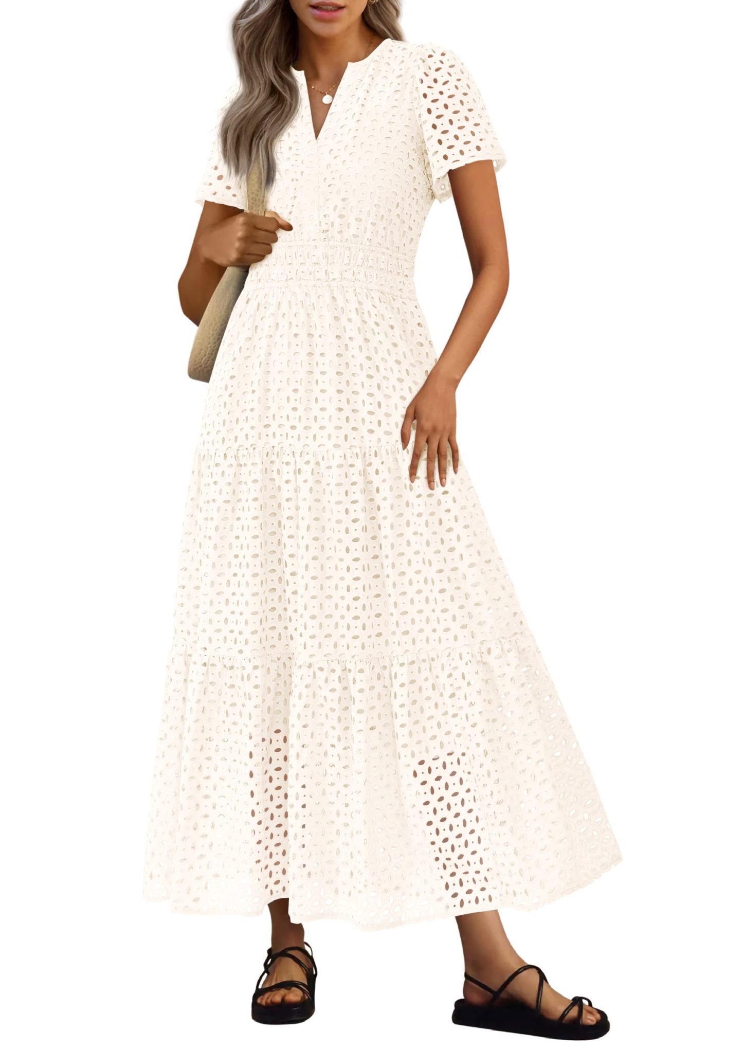 Summer Maxi Dress Short Sleeve V Neck Hollow Out Eyelet A Line Long Flowy Beach Vacation Dresses