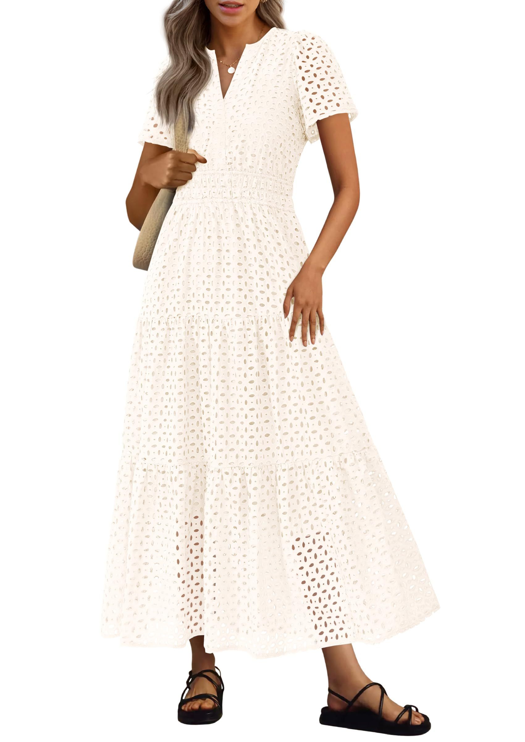 Summer Maxi Dress Short Sleeve V Neck Hollow Out Eyelet A Line Long Flowy Beach Vacation Dresses
