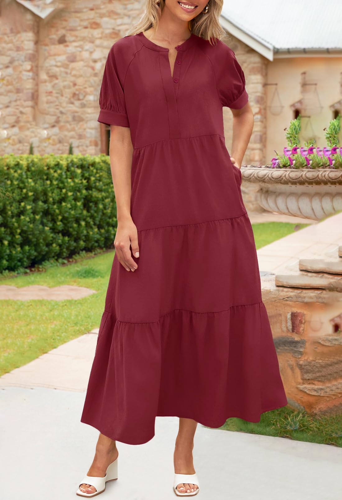 Button Front Tiered Short Sleeve Maxi Dress