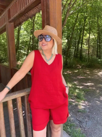 ??Women's Summer 2 Piece Linen Skirt Sets V-Neck Top-?????????????????? ?????????? ????% ??????