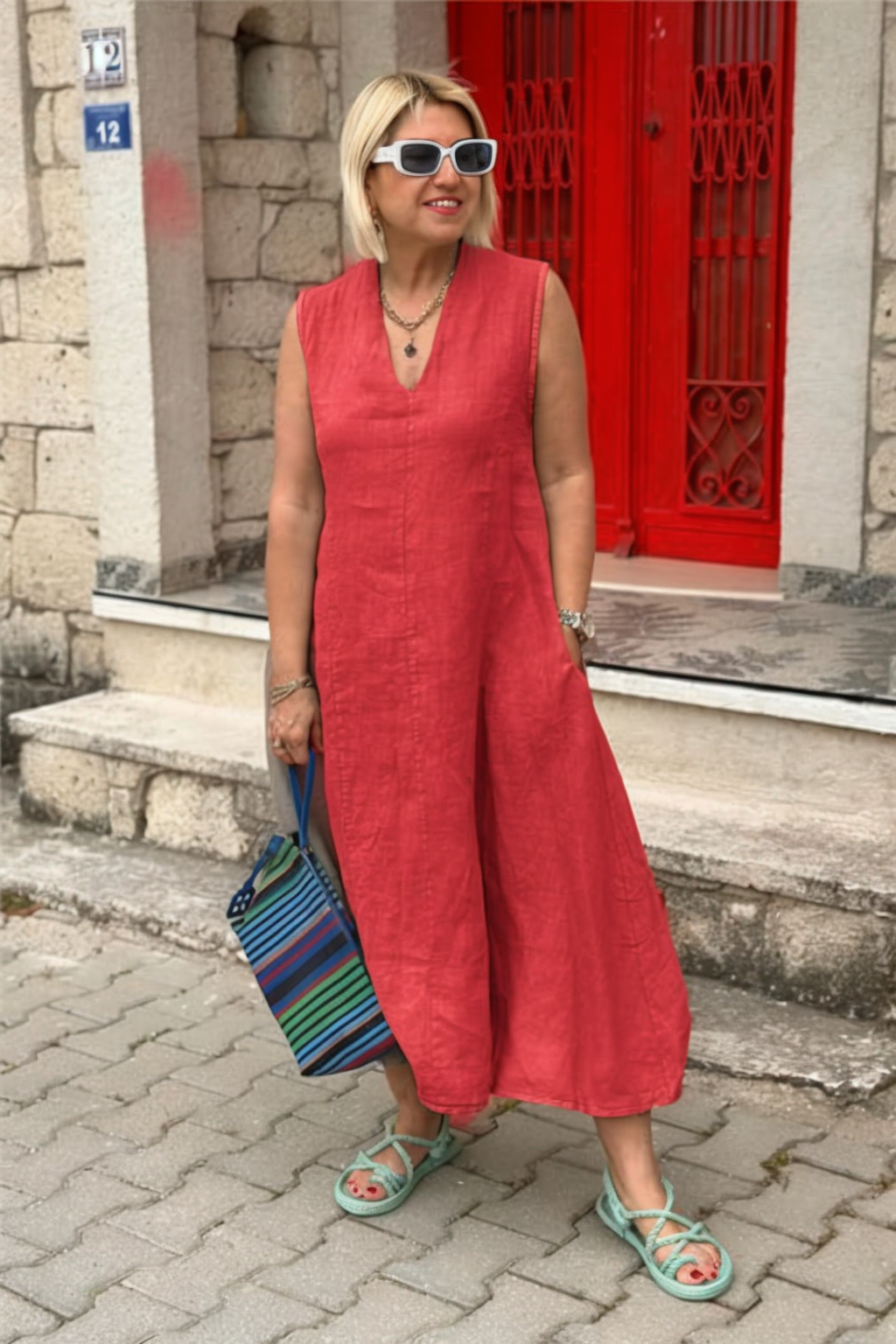 V Neck Back Detail Double Pocket Cotton Linen Dress