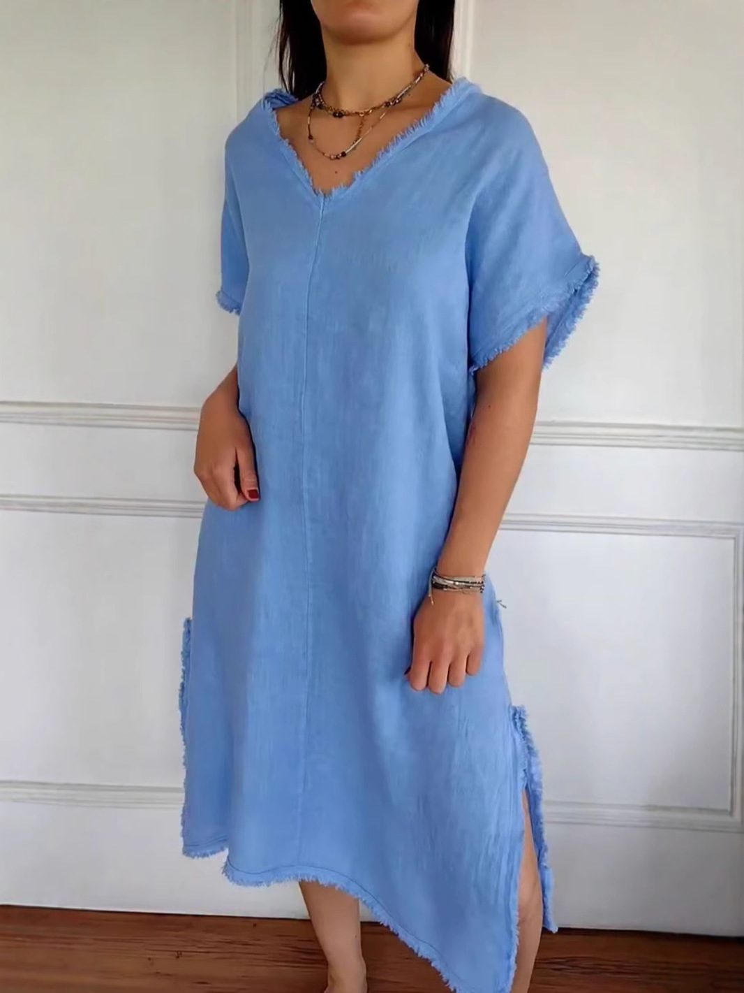 ??NEW IN??V-Neck Linen Loose Casual Dress