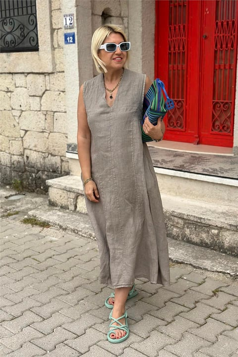 V Neck Back Detail Double Pocket Cotton Linen Dress