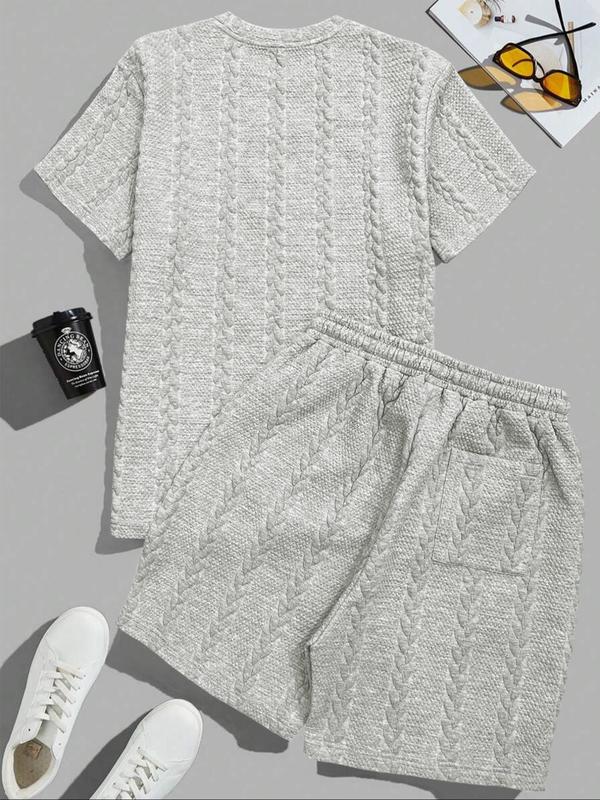 Men's Solid Textured Patched Tee & DrawstringWaist Shorts Set