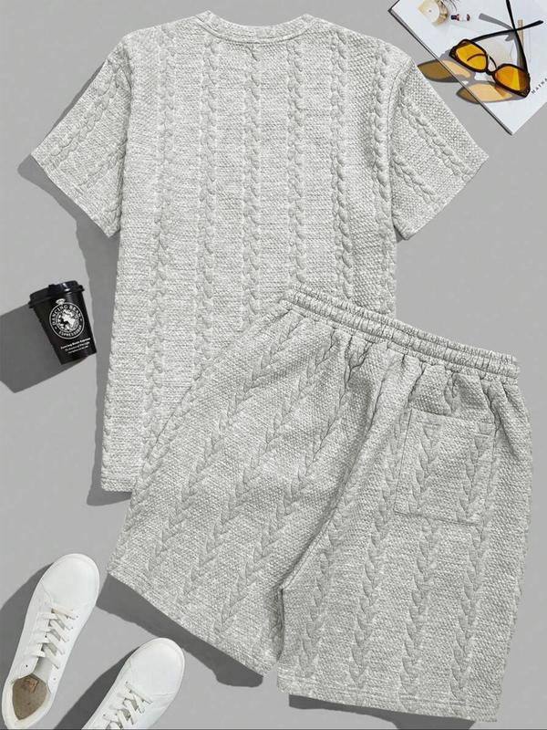 Men's Solid Textured Patched Tee & DrawstringWaist Shorts Set