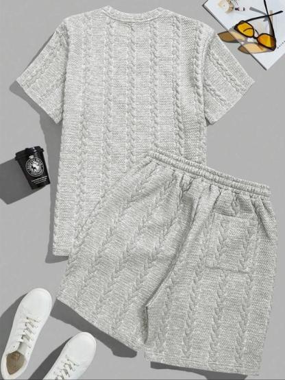 Men's Solid Textured Patched Tee & DrawstringWaist Shorts Set