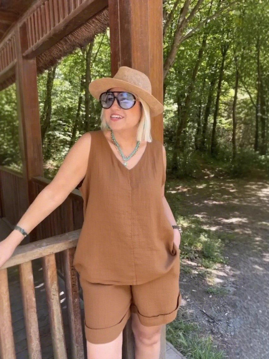 ??Women's Summer 2 Piece Linen Skirt Sets V-Neck Top-?????????????????? ?????????? ????% ??????