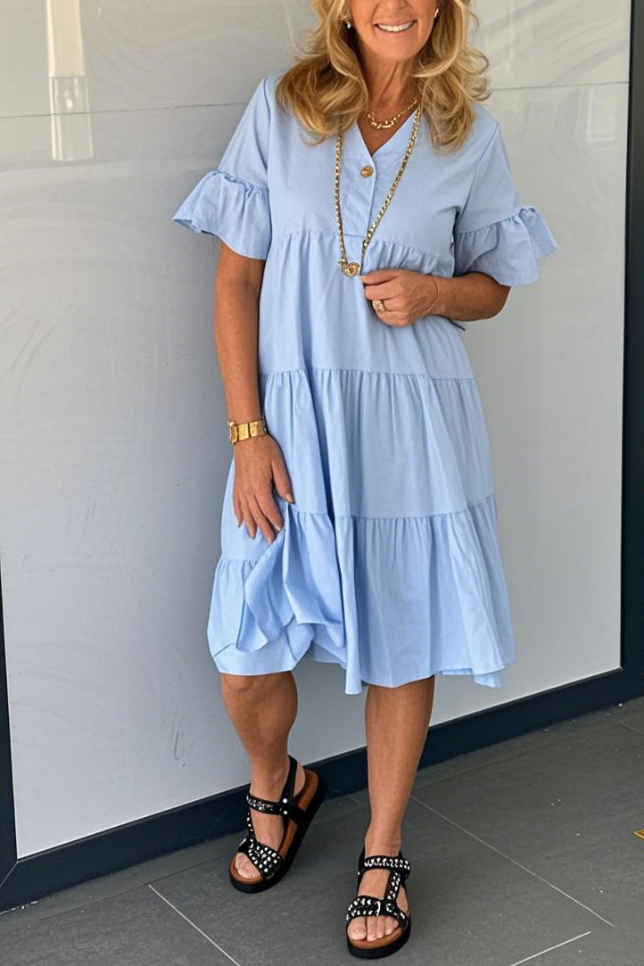 V-Neck BottonMaxi Dress With Pockets