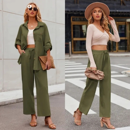 Women 2 Piece Linen Sets Button Down Shirt and Drawstring Long Pants Set Summer Outfits