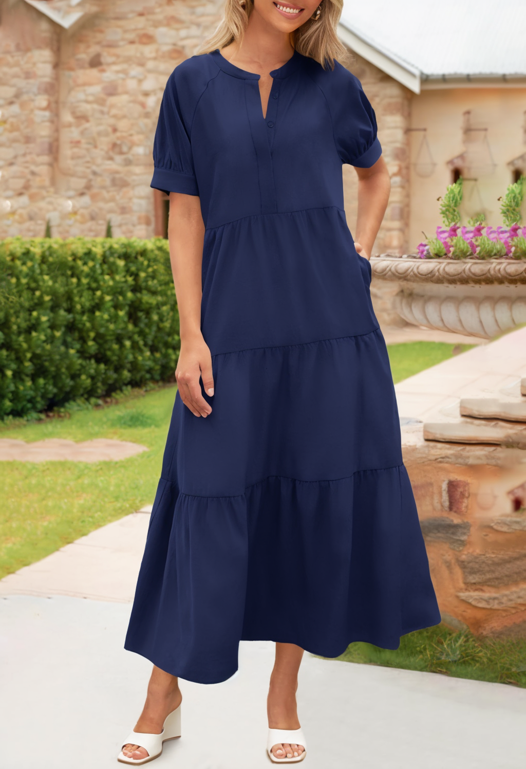 Button Front Tiered Short Sleeve Maxi Dress