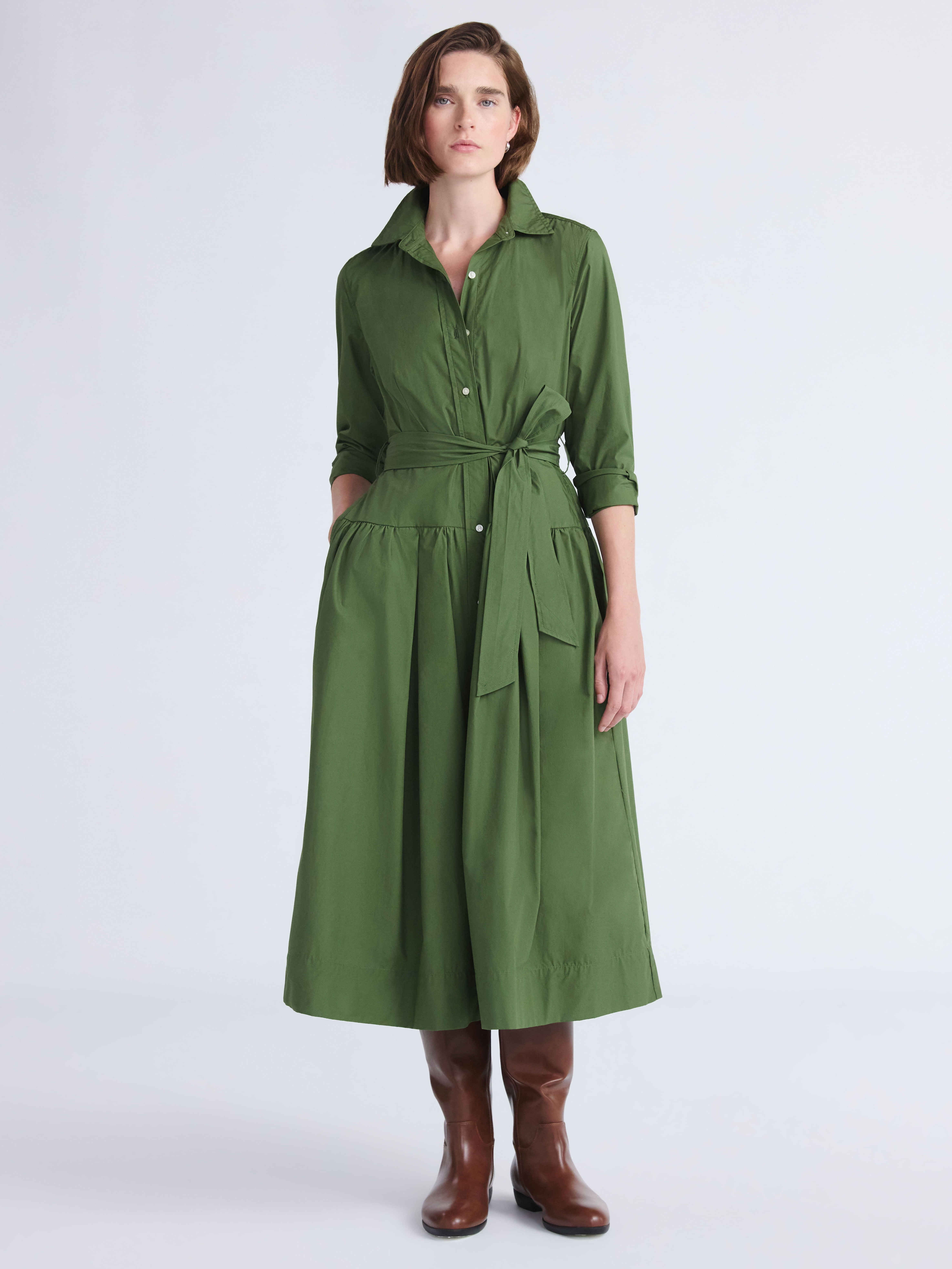 Long-Sleeve Belted Cotton Maxi 