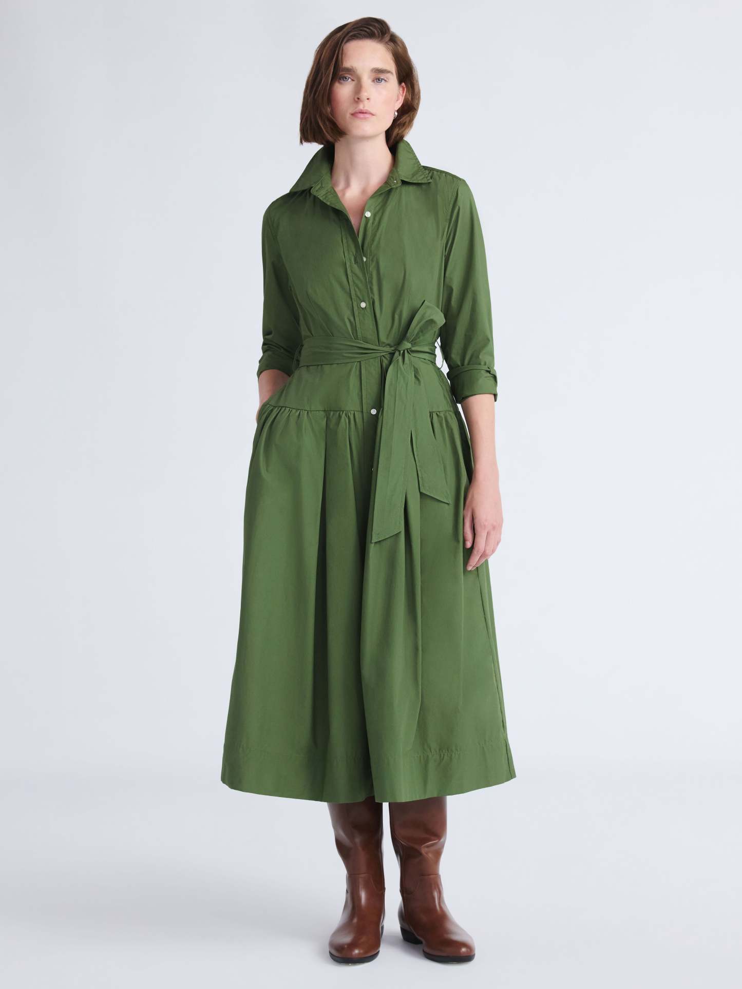 Long-Sleeve Belted Cotton Maxi 