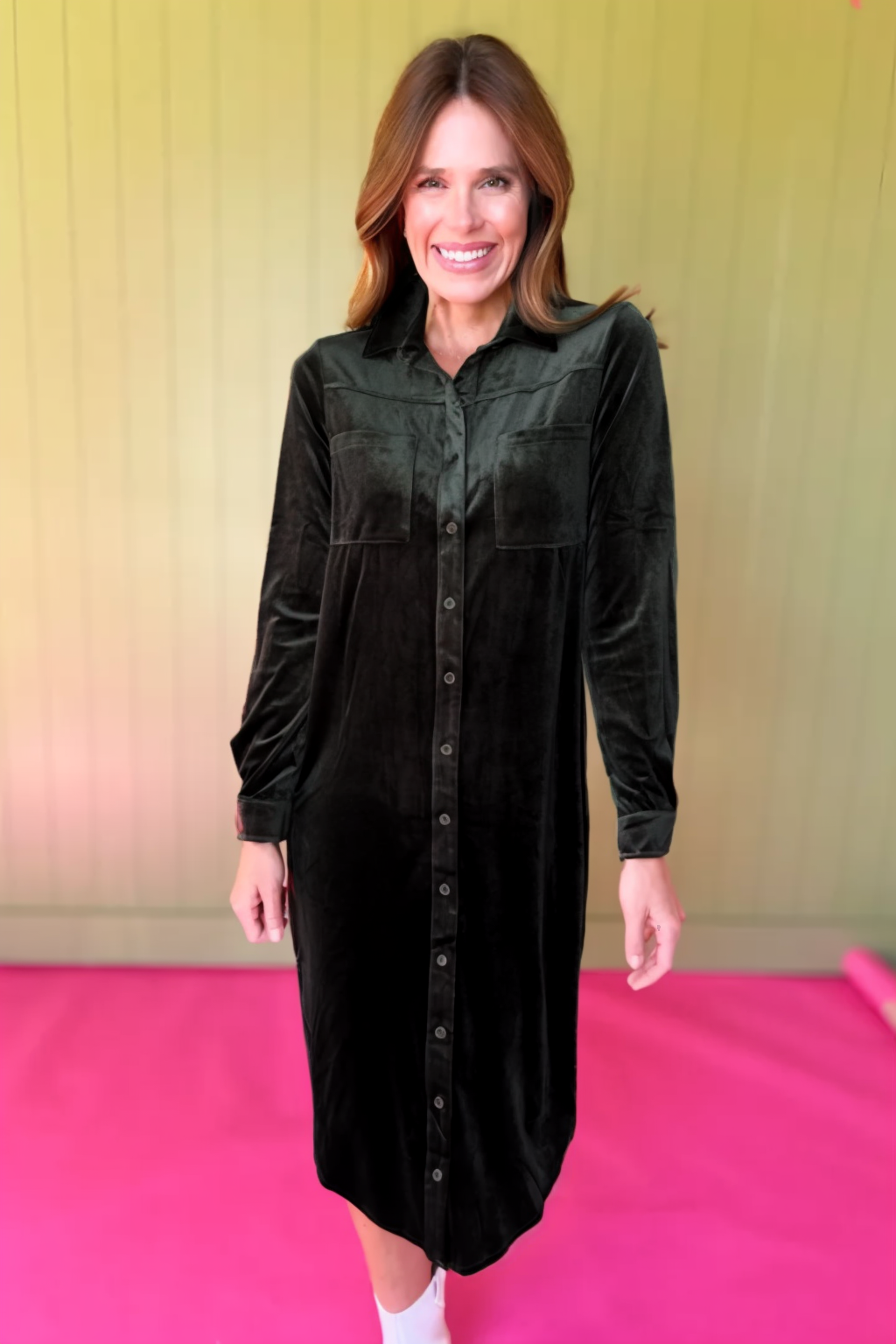 Olive Velvet Collared Button Down Midi Dress