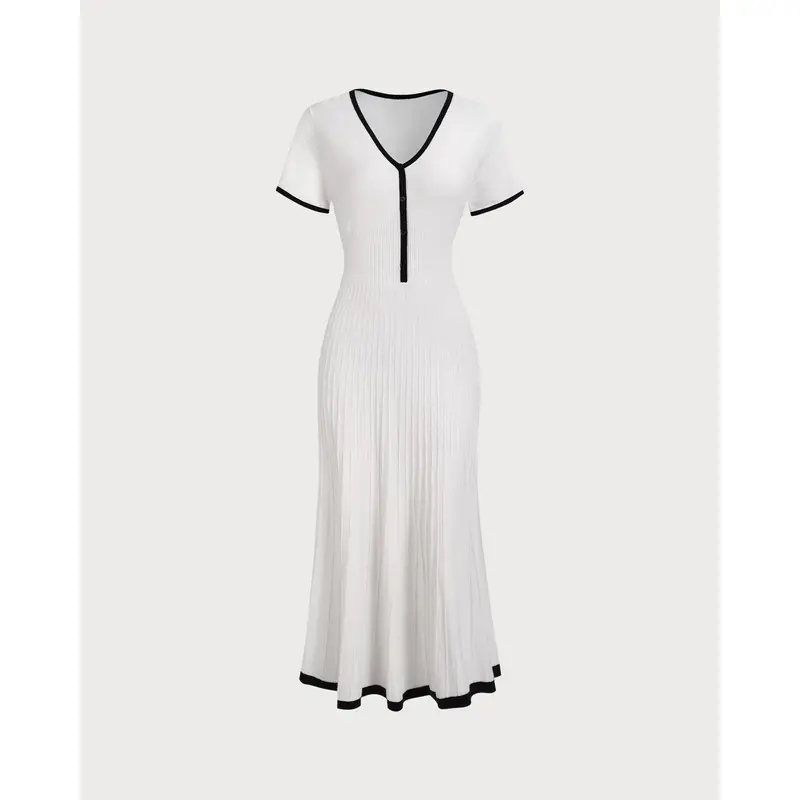 Women's White Contrasting Sweater Midi Dress