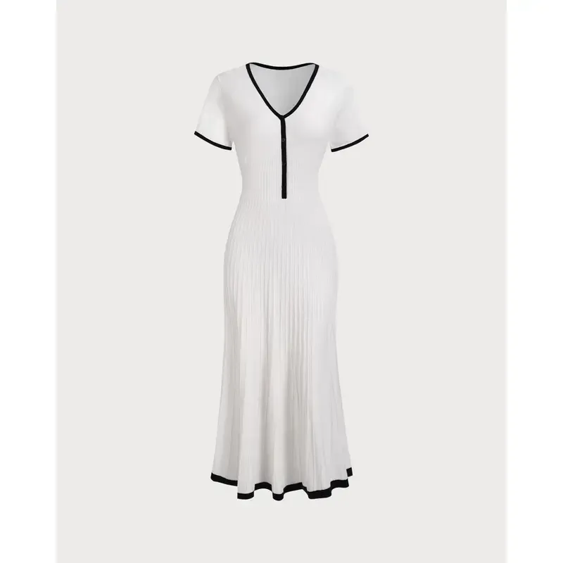 Women's White Contrasting Sweater Midi Dress