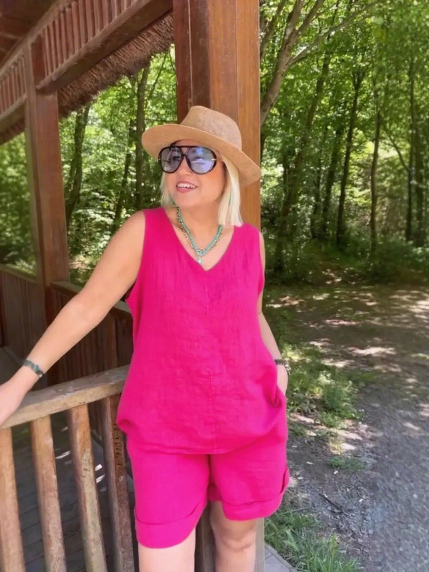 ??Women's Summer 2 Piece Linen Skirt Sets V-Neck Top-?????????????????? ?????????? ????% ??????