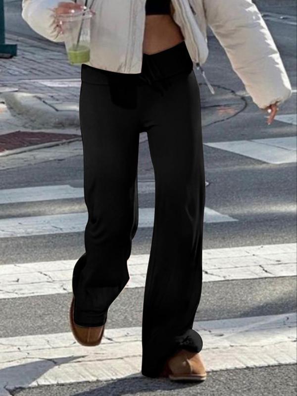 Women's Solid Drawstring Foldover WaistStraight Leg Pants, Pants for Women, FashionCasual Drop Waist Trousers For Daily OutdoorWear, Summer Outfits 2024