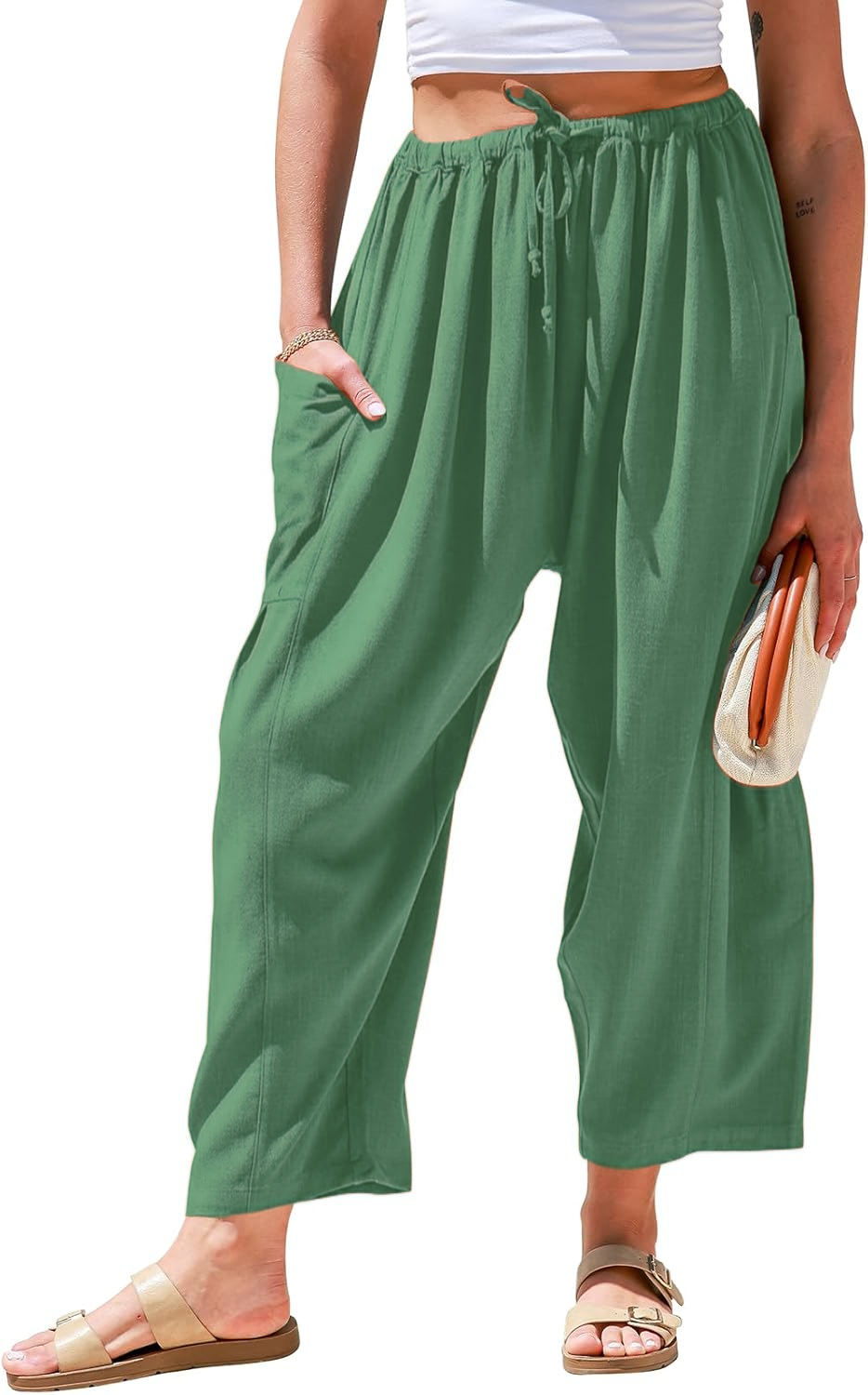 Womens Linen Wide Leg Pants Casual Loose Drawstring Low Waist Beach Palazzo Harem Pants with Pockets