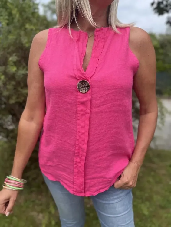 Women's Linen V-Neck Button Top