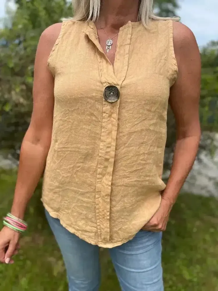 Women's Linen V-Neck Button Top