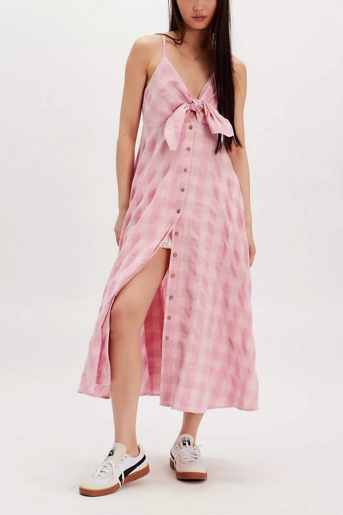 Boho Gingham Long Slip Via Midi Dress