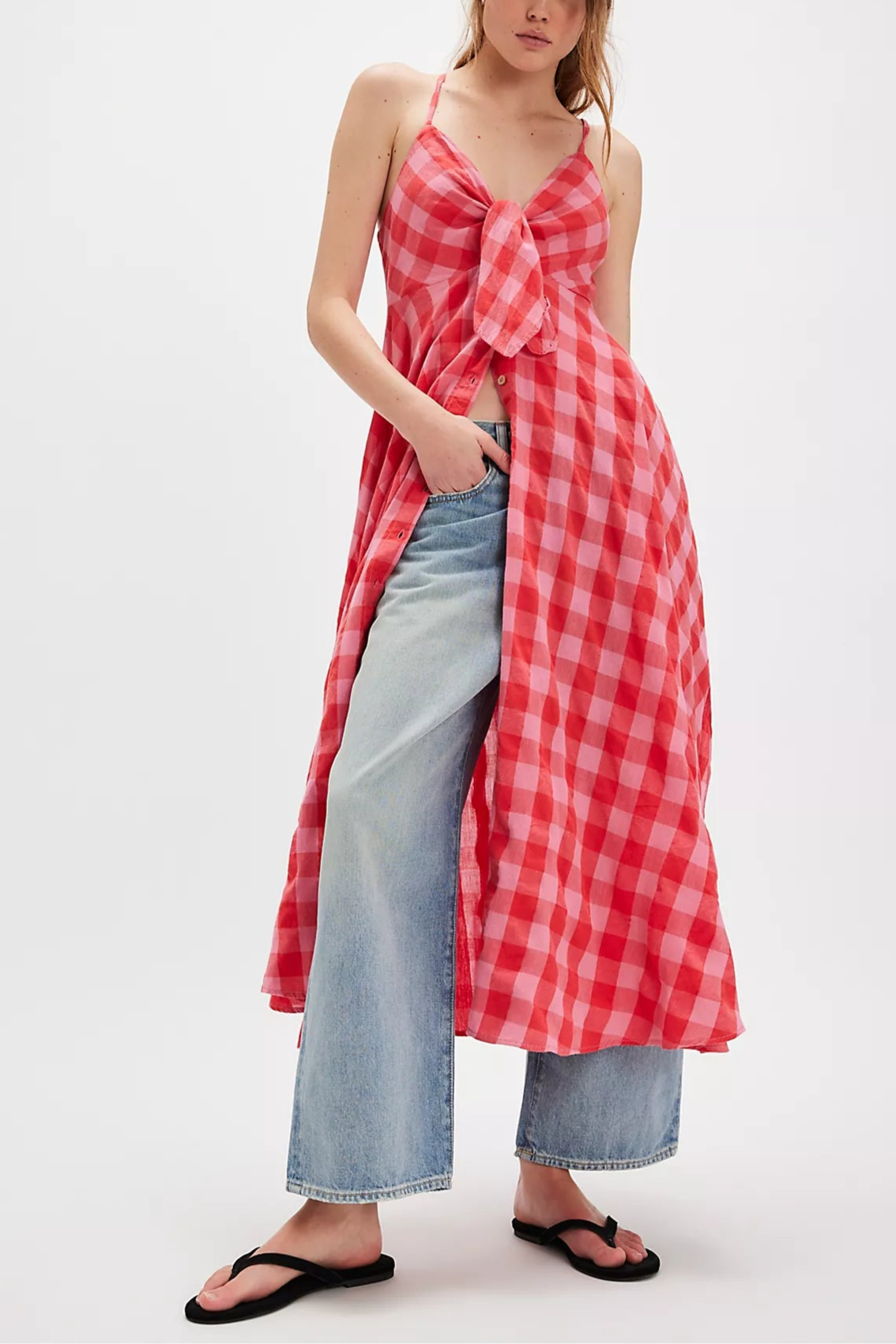 Boho Gingham Long Slip Via Midi Dress