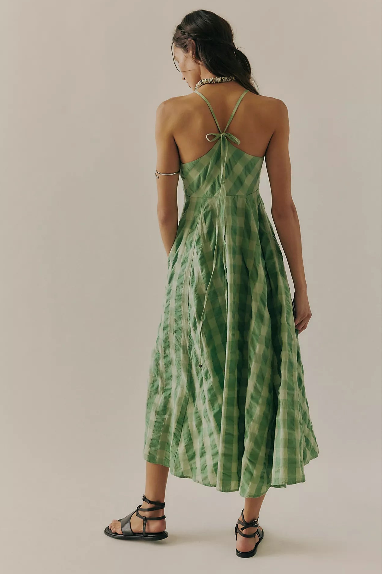 Boho Gingham Long Slip Via Midi Dress