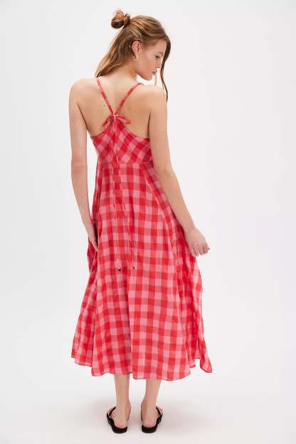 Boho Gingham Long Slip Via Midi Dress