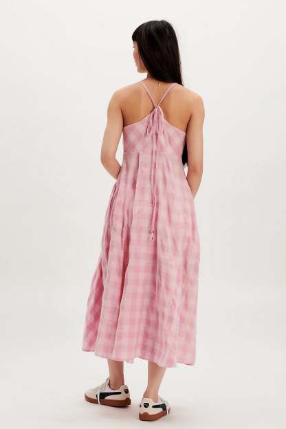 Boho Gingham Long Slip Via Midi Dress