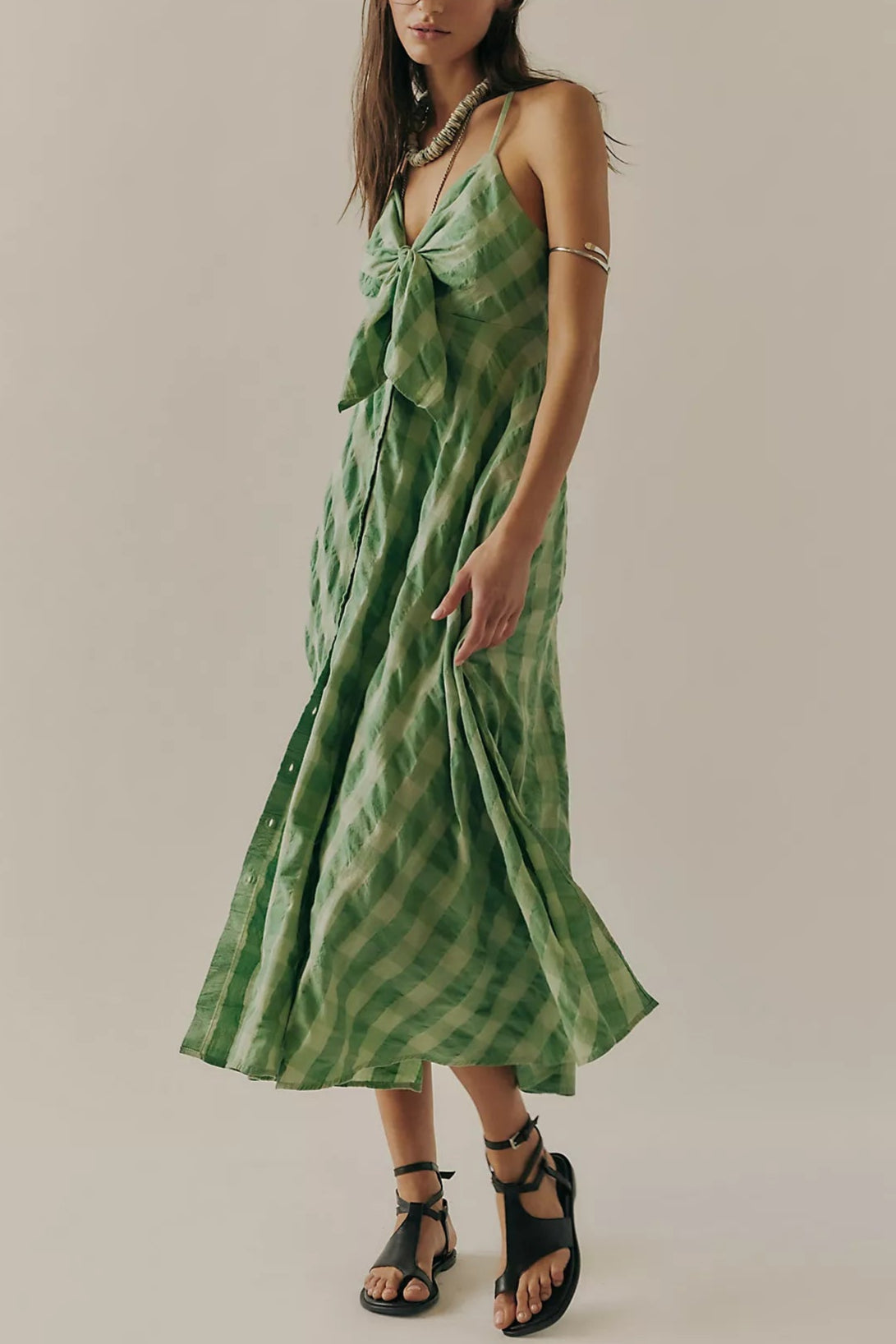 Boho Gingham Long Slip Via Midi Dress