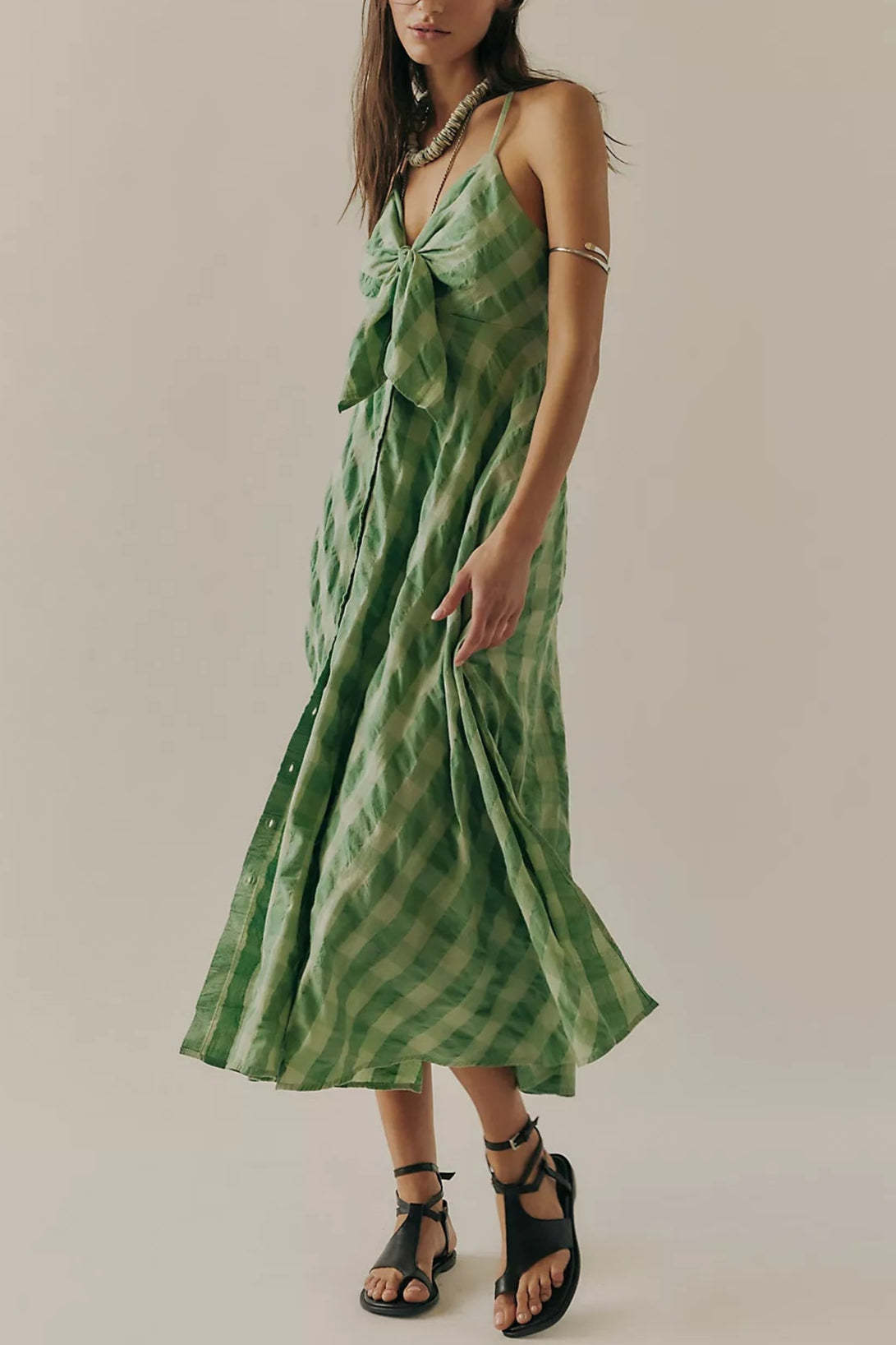 Boho Gingham Long Slip Via Midi Dress