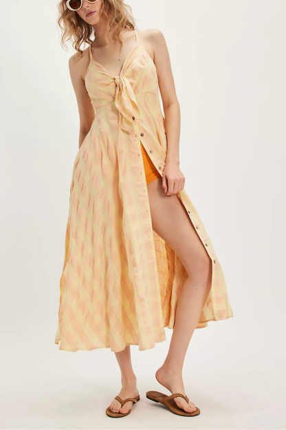 Boho Gingham Long Slip Via Midi Dress