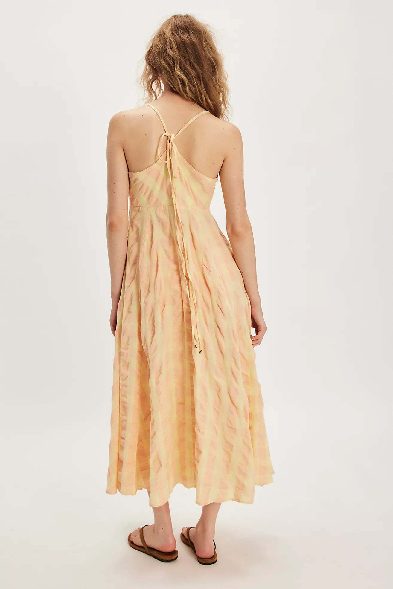 Boho Gingham Long Slip Via Midi Dress