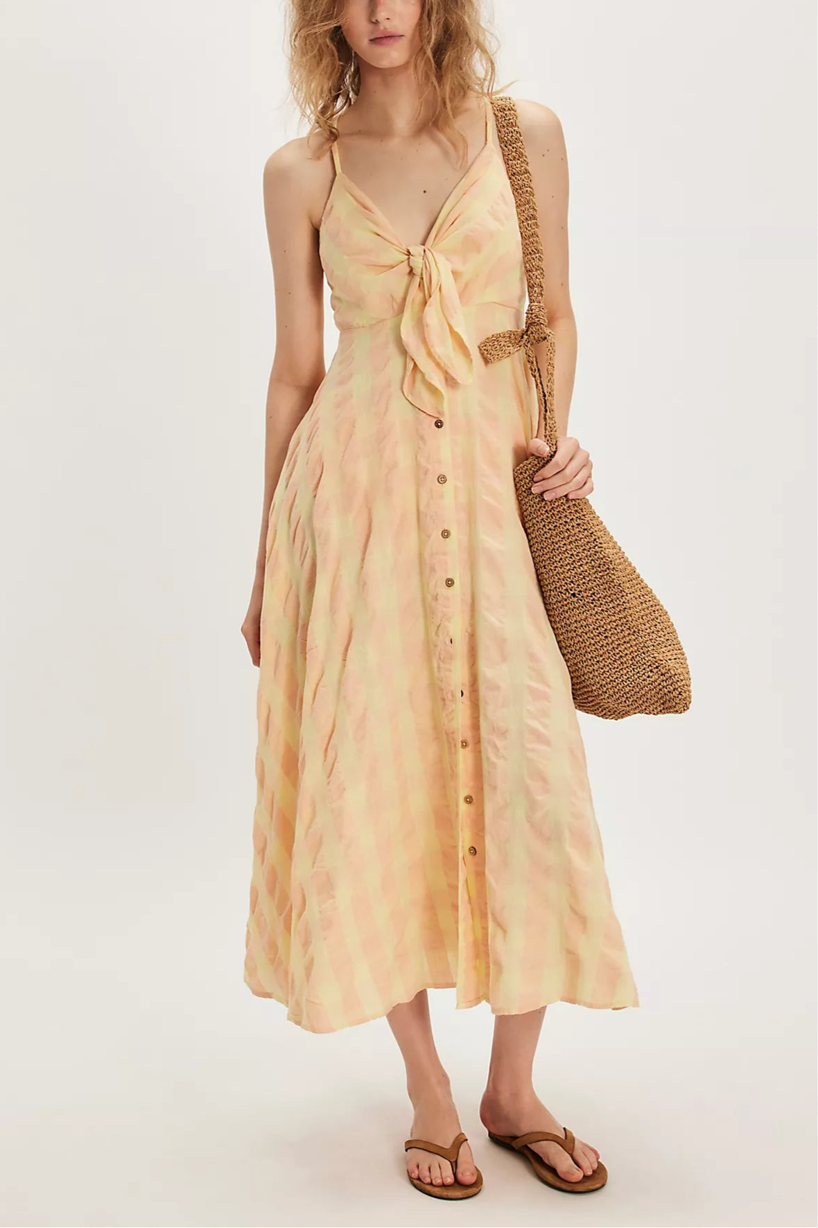 Boho Gingham Long Slip Via Midi Dress