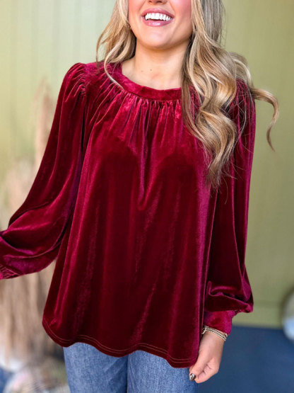 Burgundy Velvet Long Peasant Sleeve Top