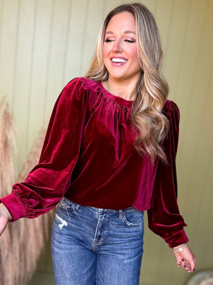 Burgundy Velvet Long Peasant Sleeve Top