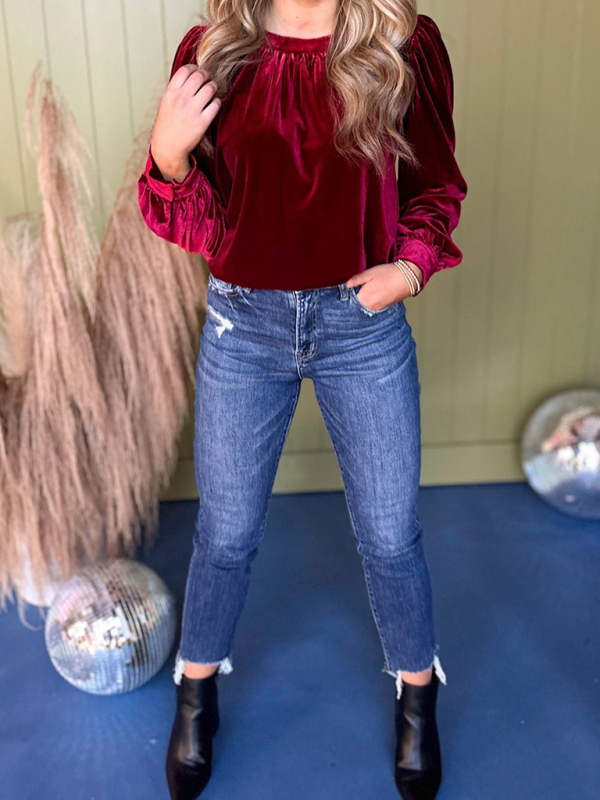 Burgundy Velvet Long Peasant Sleeve Top