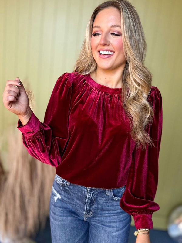 Burgundy Velvet Long Peasant Sleeve Top