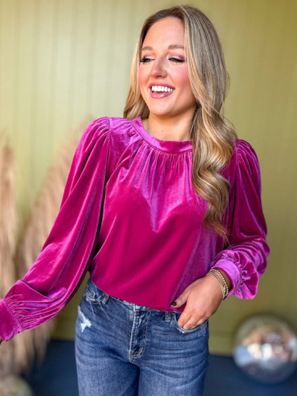 Burgundy Velvet Long Peasant Sleeve Top